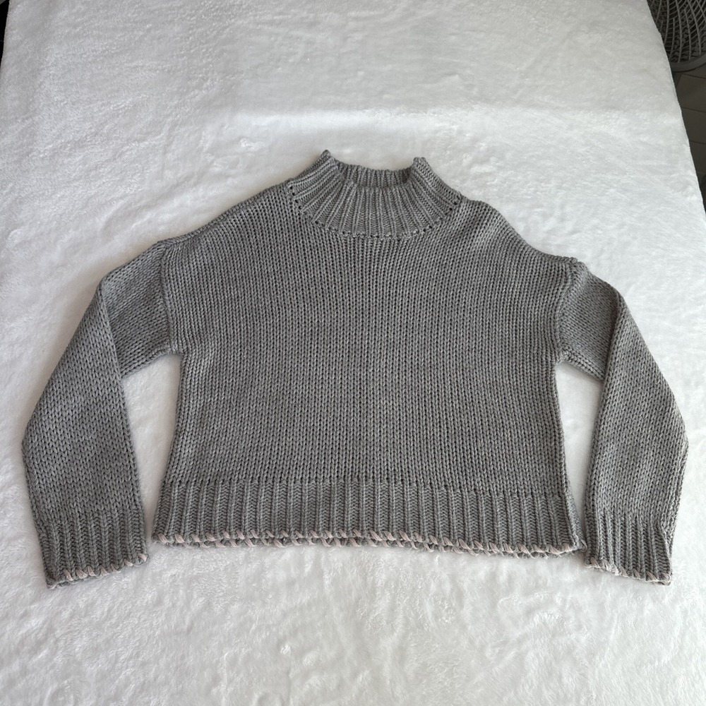 Alya Womens‎ Gray Khaki Green Sweater Small Chunky Knit Cable Trim